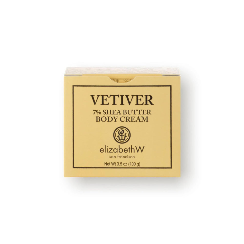 Elizabeth W Vetiver Body Cream label close-up with Vetiver notes for calming moments.