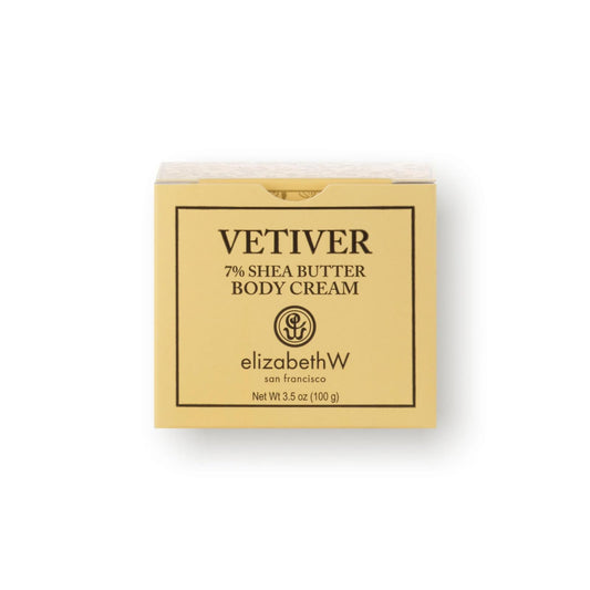 Elizabeth W Vetiver Body Cream label close-up with Vetiver notes for calming moments.