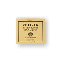 Elizabeth W Vetiver Body Cream label close-up with Vetiver notes for calming moments.