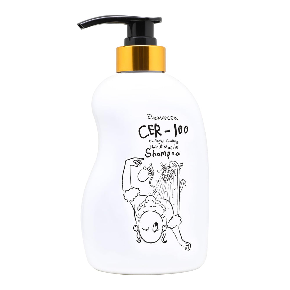 Elizavecca CER-100 shampoo bottle shows collagen benefits for stronger daily hair
