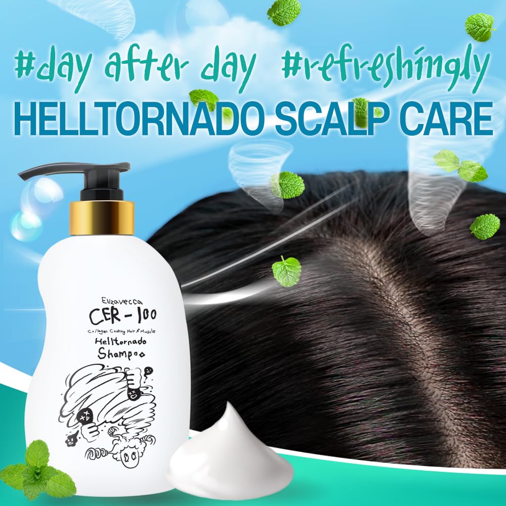 Elizavecca CER-100 shampoo close-up emphasizes dead skin cell removal support.