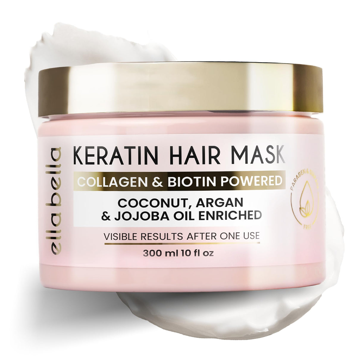 ELLA BELLA Keratin Hair Mask bottle pour for smooth, hydrated locks.