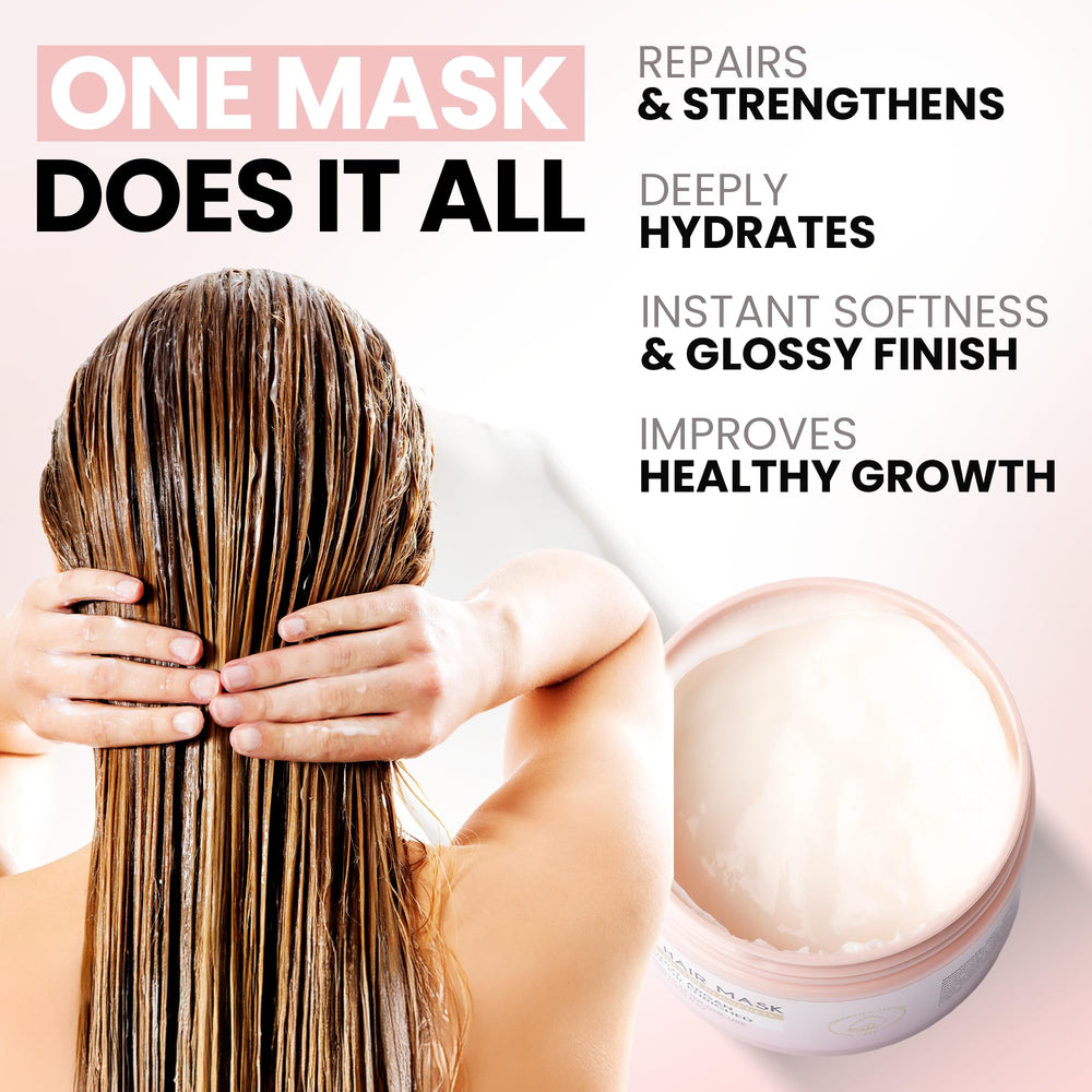 ELLA BELLA Keratin Hair Mask jar application for deep conditioning at home.