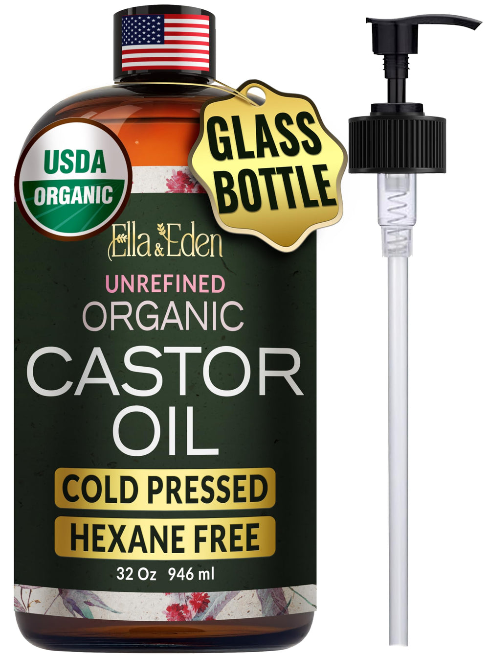 Ella & Eden castor oil bottle with pump for mess-free application
