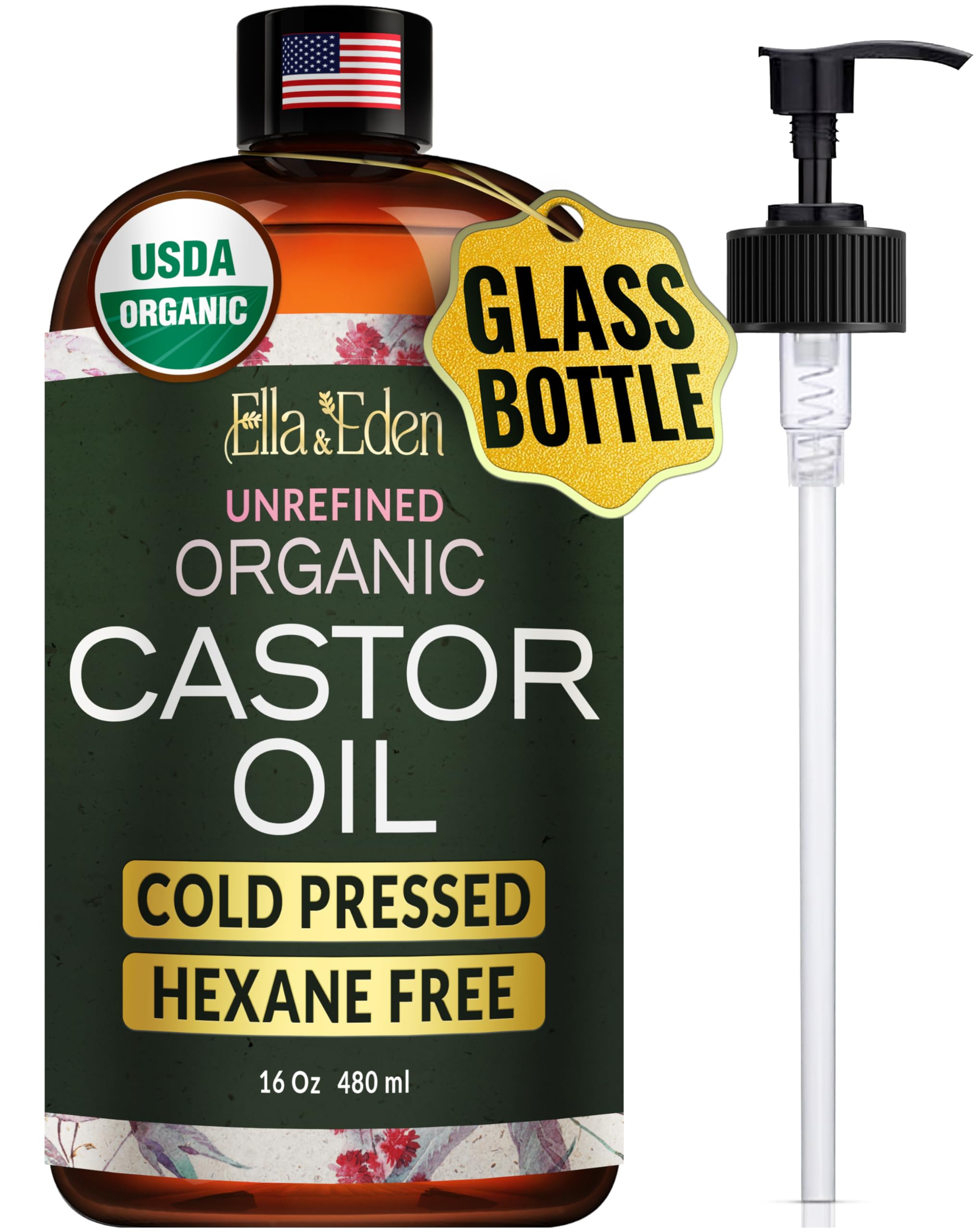 Ella & Eden Castor Oil bottle with pump for easy, mess-free application.