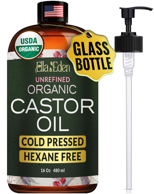 Ella & Eden Castor Oil bottle with pump for easy, mess-free application.