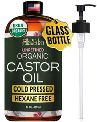 Ella & Eden Castor Oil bottle with pump for easy, mess-free application.