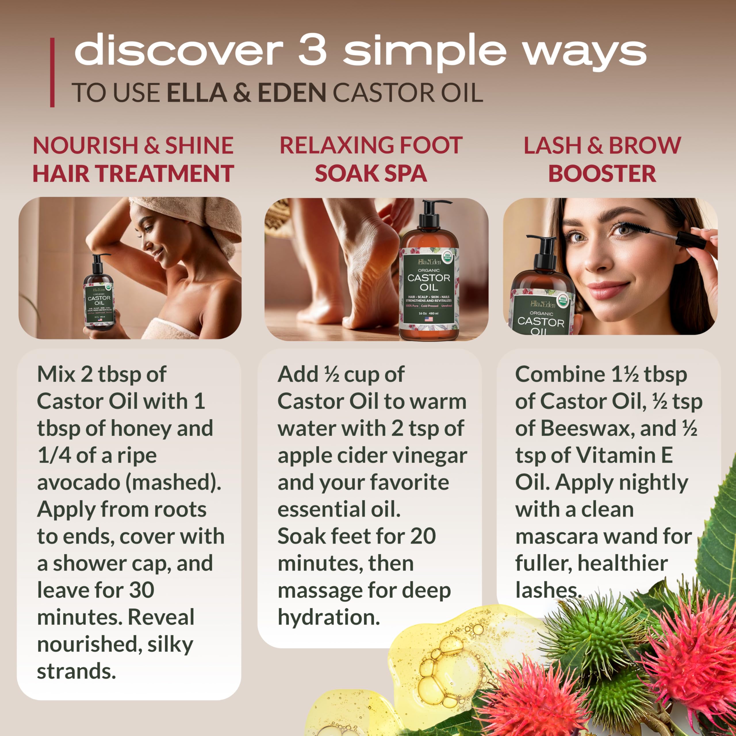 Ella & Eden Castor Oil applied to hair for hydration and shine.