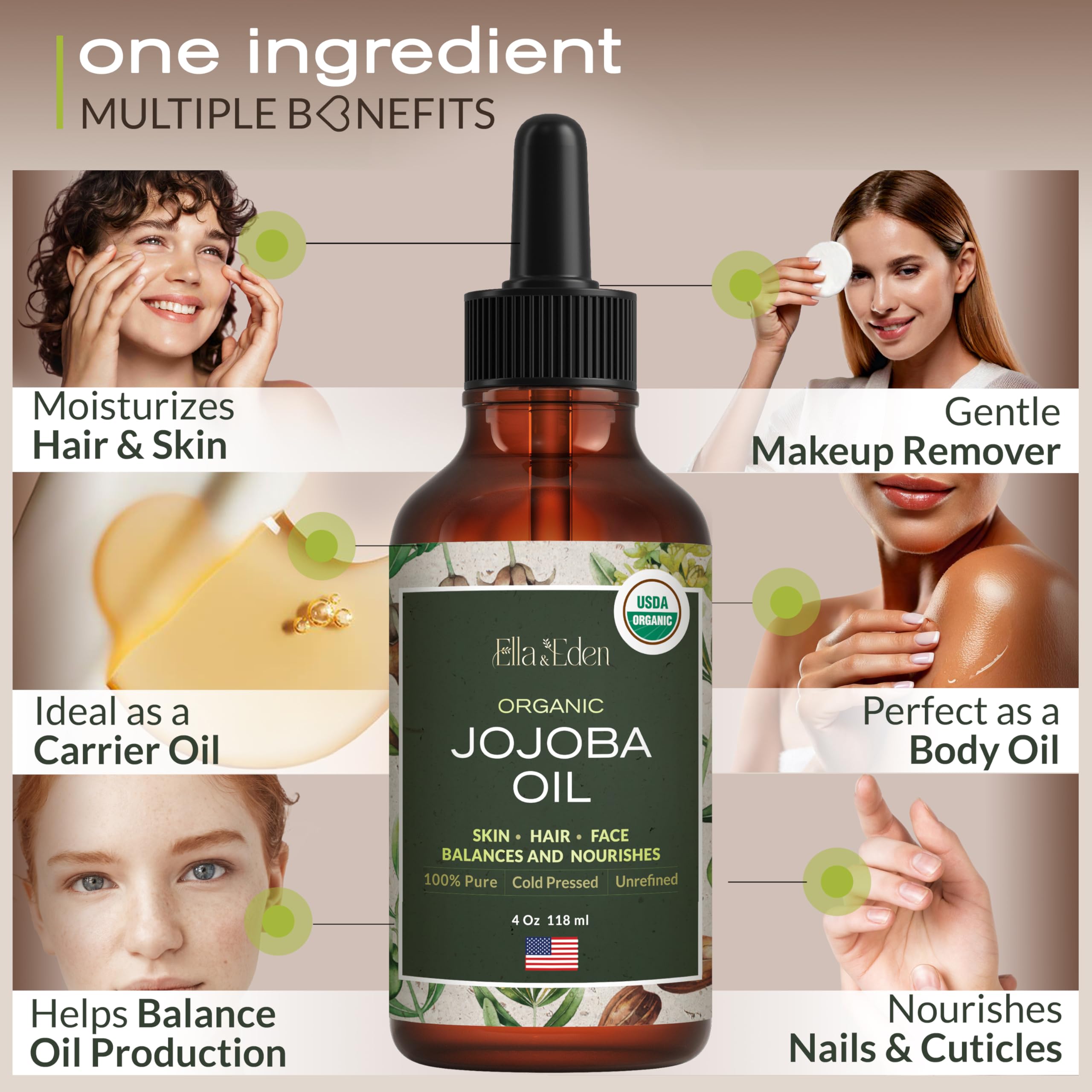 Ella Eden Jojoba Oil label close-up shows hexane-free premium quality.