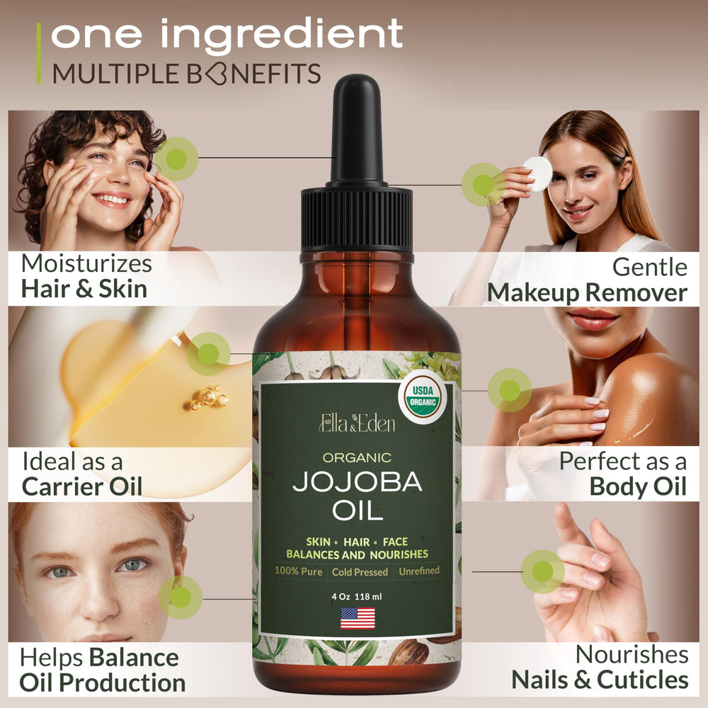 Ella Eden Jojoba Oil label close-up shows hexane-free premium quality.