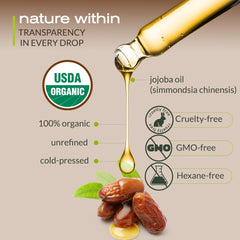 Ella Eden Jojoba Oil glass bottle close-up highlights pure cold-pressed formula.