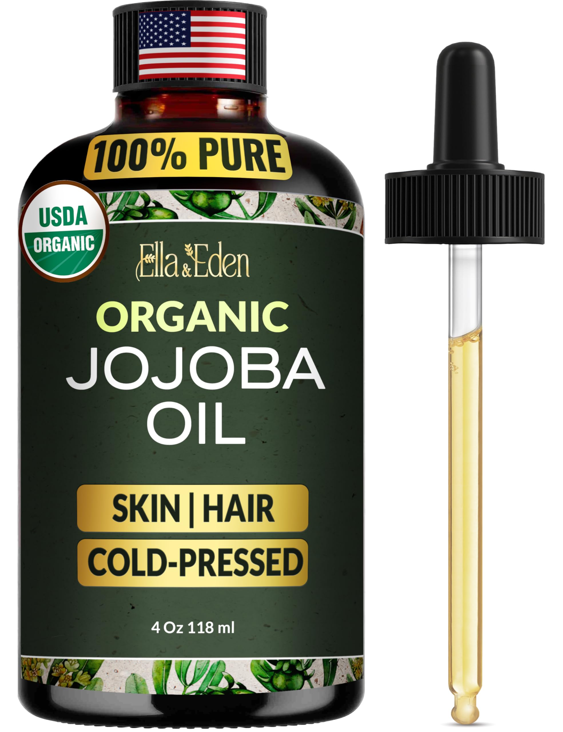 Ella Eden Organic Jojoba Oil bottle front for skin hydration.