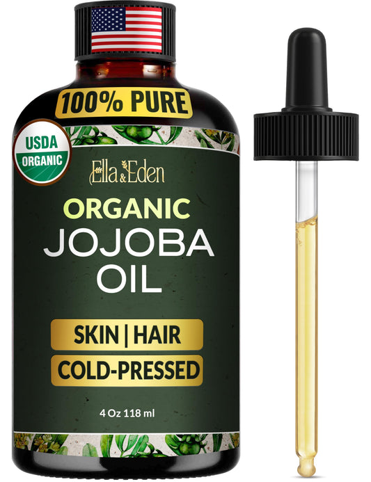 Ella Eden Organic Jojoba Oil bottle front for skin hydration.