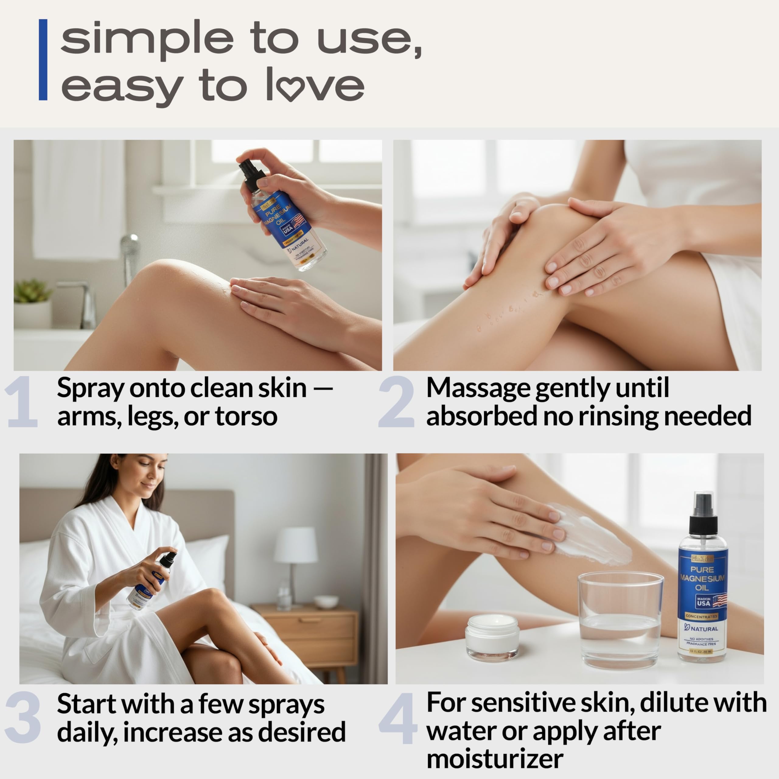 Feet and soles receive Ella and Eden magnesium oil spray for refreshing relief.
