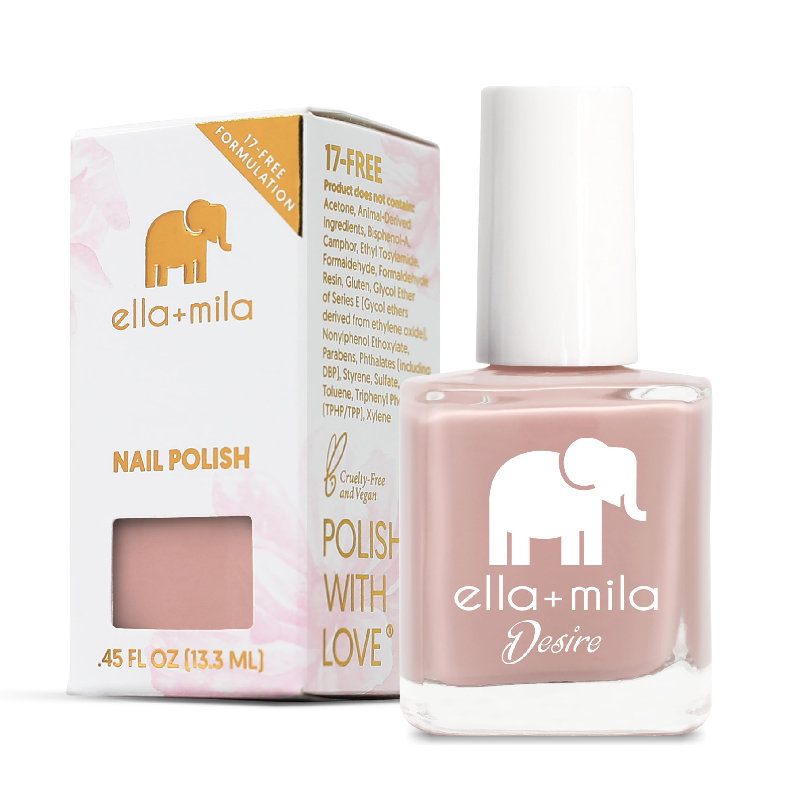 ella+mila Desert Suede fast-dry bottle delivering quick color and a glossy finish.