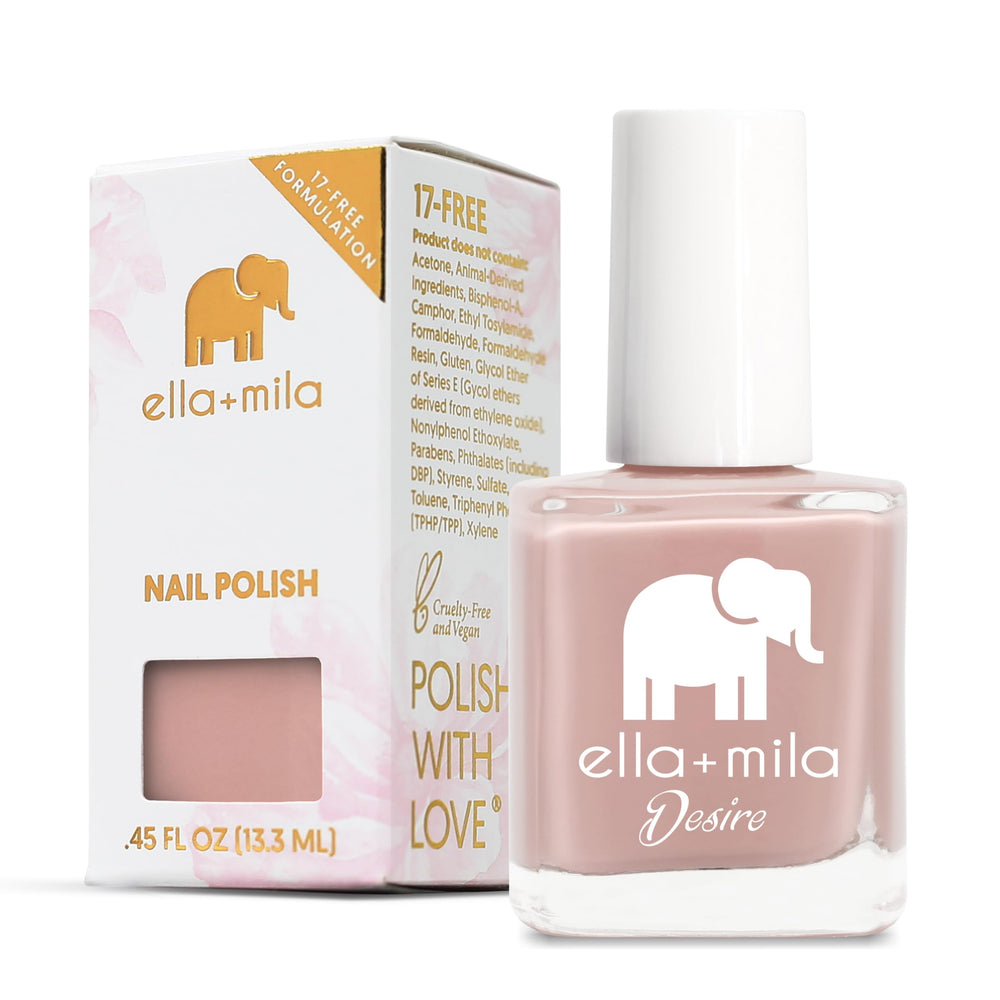 ella+mila Desert Suede fast-dry bottle delivering quick color and a glossy finish.