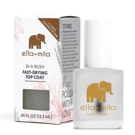 ella+mila fast-dry top coat bottle shows clear gloss and long wear.