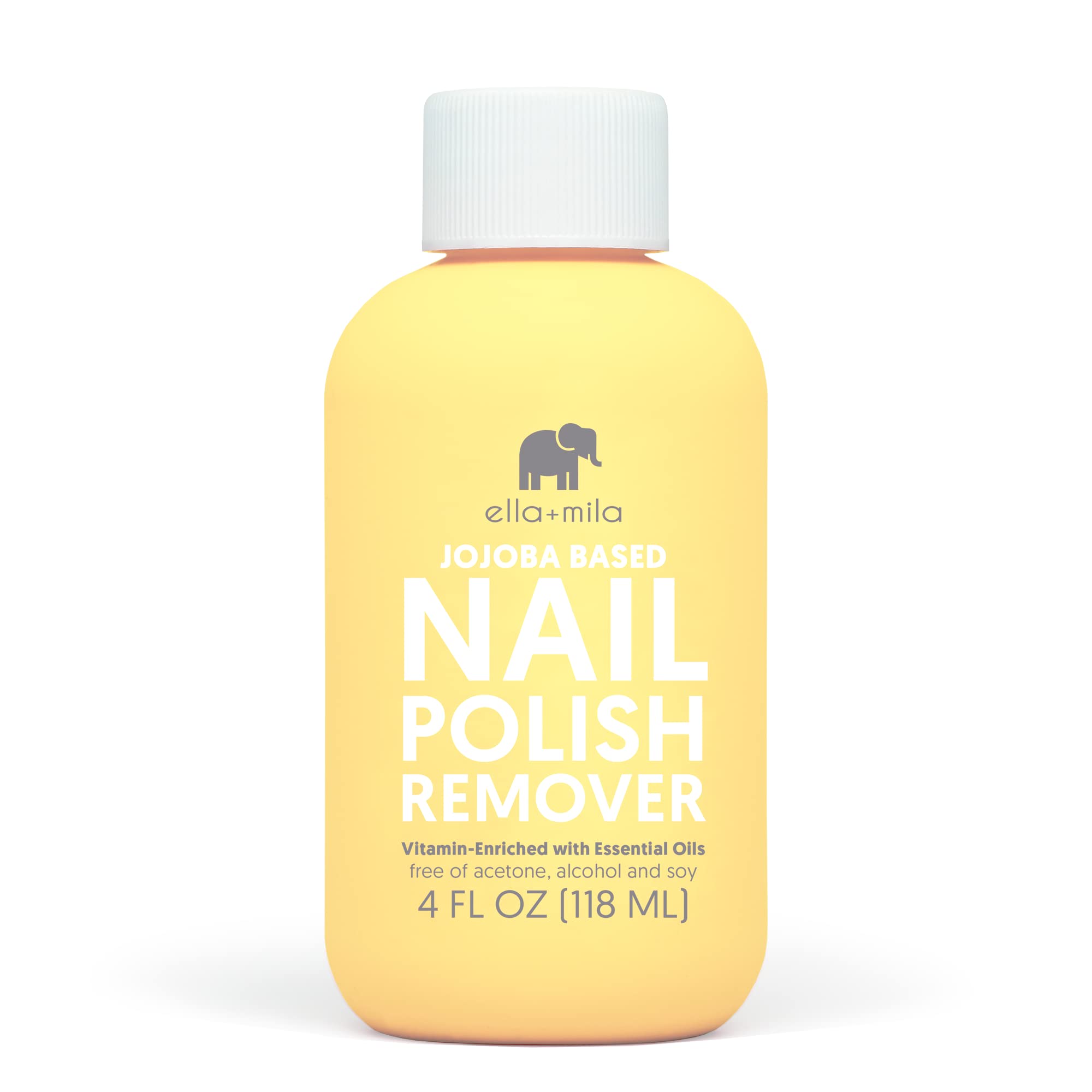 Ella Mila jojoba nail polish remover bottle demonstrates gentle, acetone-free cleansing for natural nails.