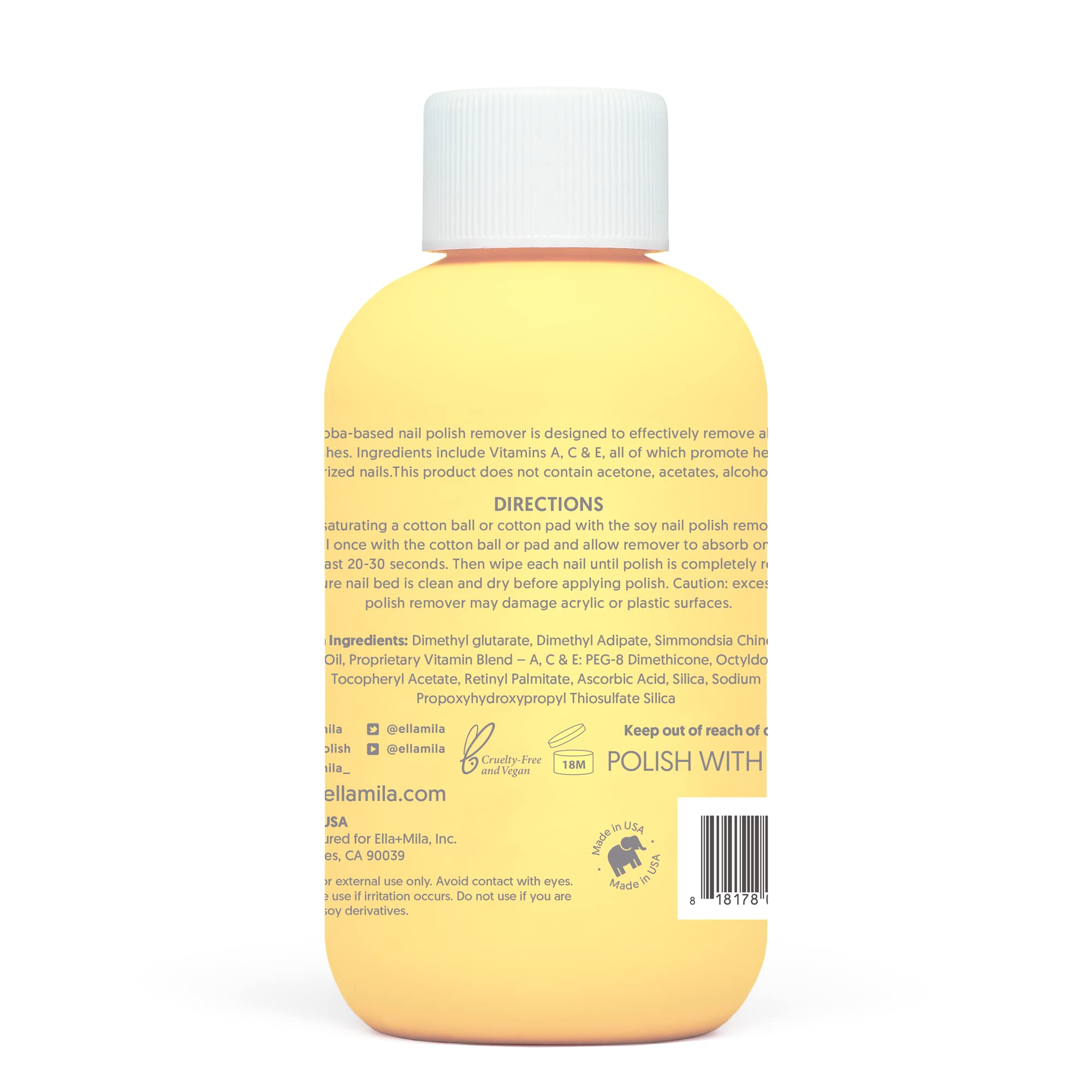 Ella Mila non-acetone remover on cotton saturation lifts polish without drying nails.
