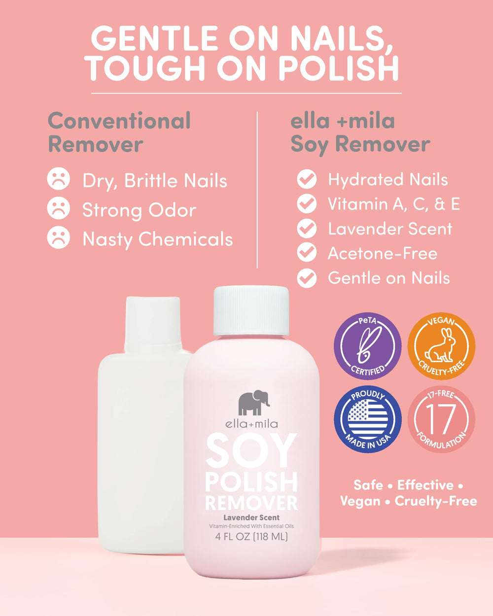 Ella Mila remover on cotton pad for gentle polish removal.