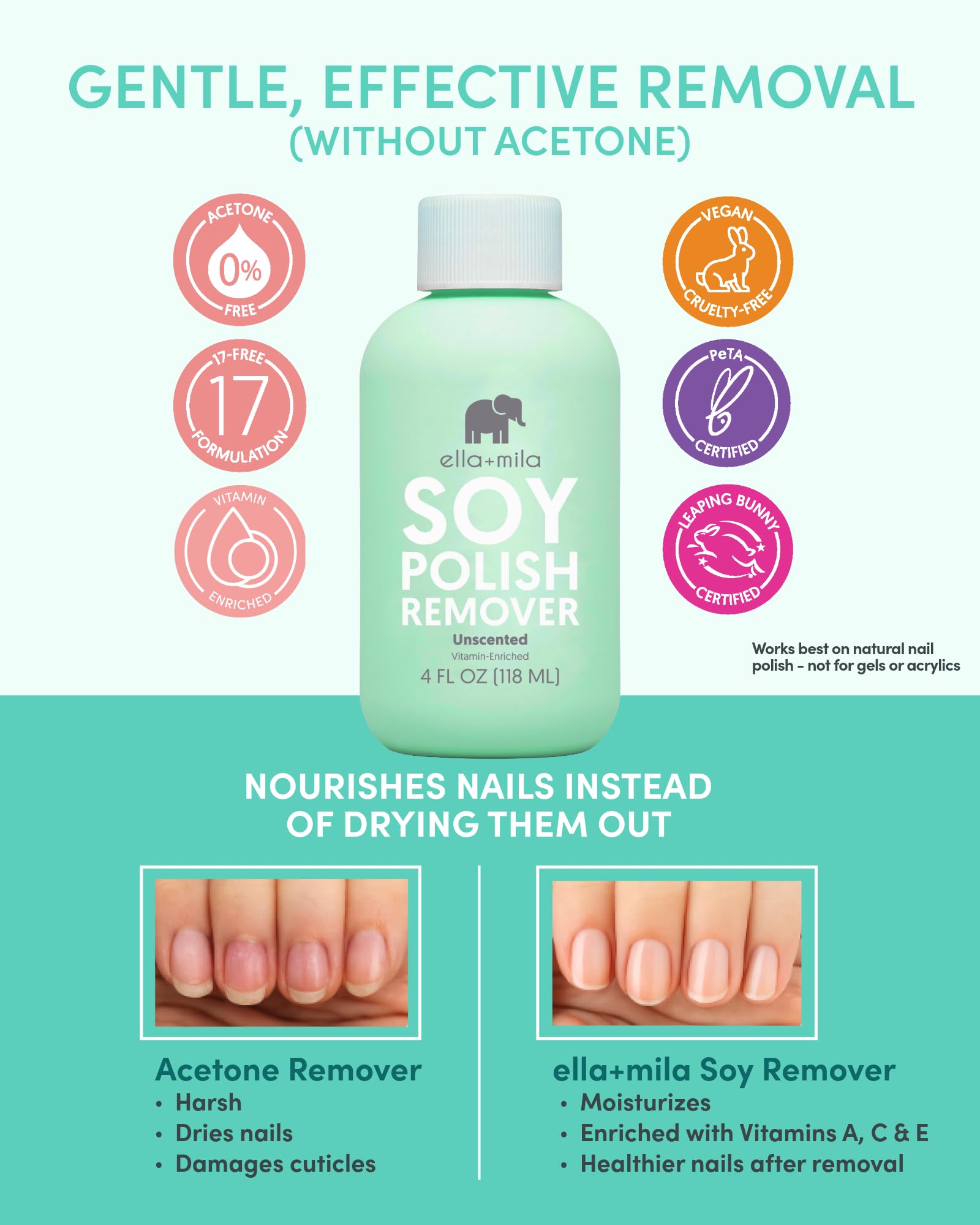 ella+mila remover on cotton pad lifting polish without acetone.