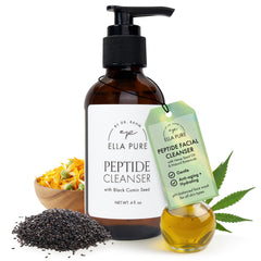 ELLA PURE peptide face wash bottle close-up highlighting premium packaging for mature skin.