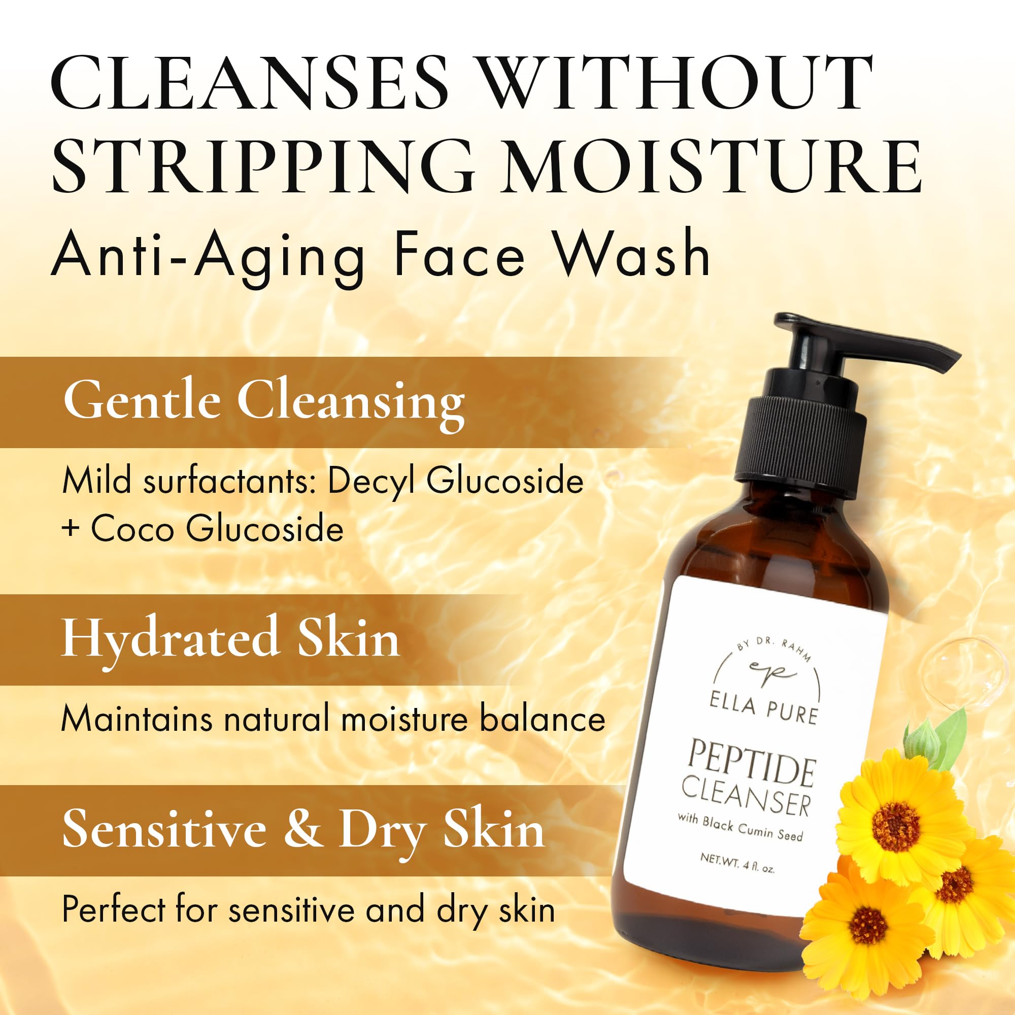 ELLA PURE peptide face wash pump being pressed for easy daily cleansing.