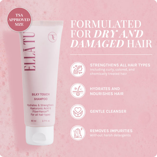 Close-up of Ellātu Silky Touch bottle pouring for hydration on dry hair.