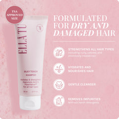 Close-up of Ellātu Silky Touch bottle pouring for hydration on dry hair.