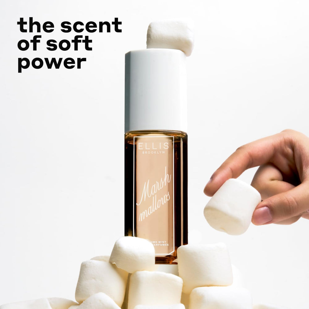 Ellis Brooklyn Marshmallows Mist packaging highlights recycled plastic for eco-conscious beauty fans.