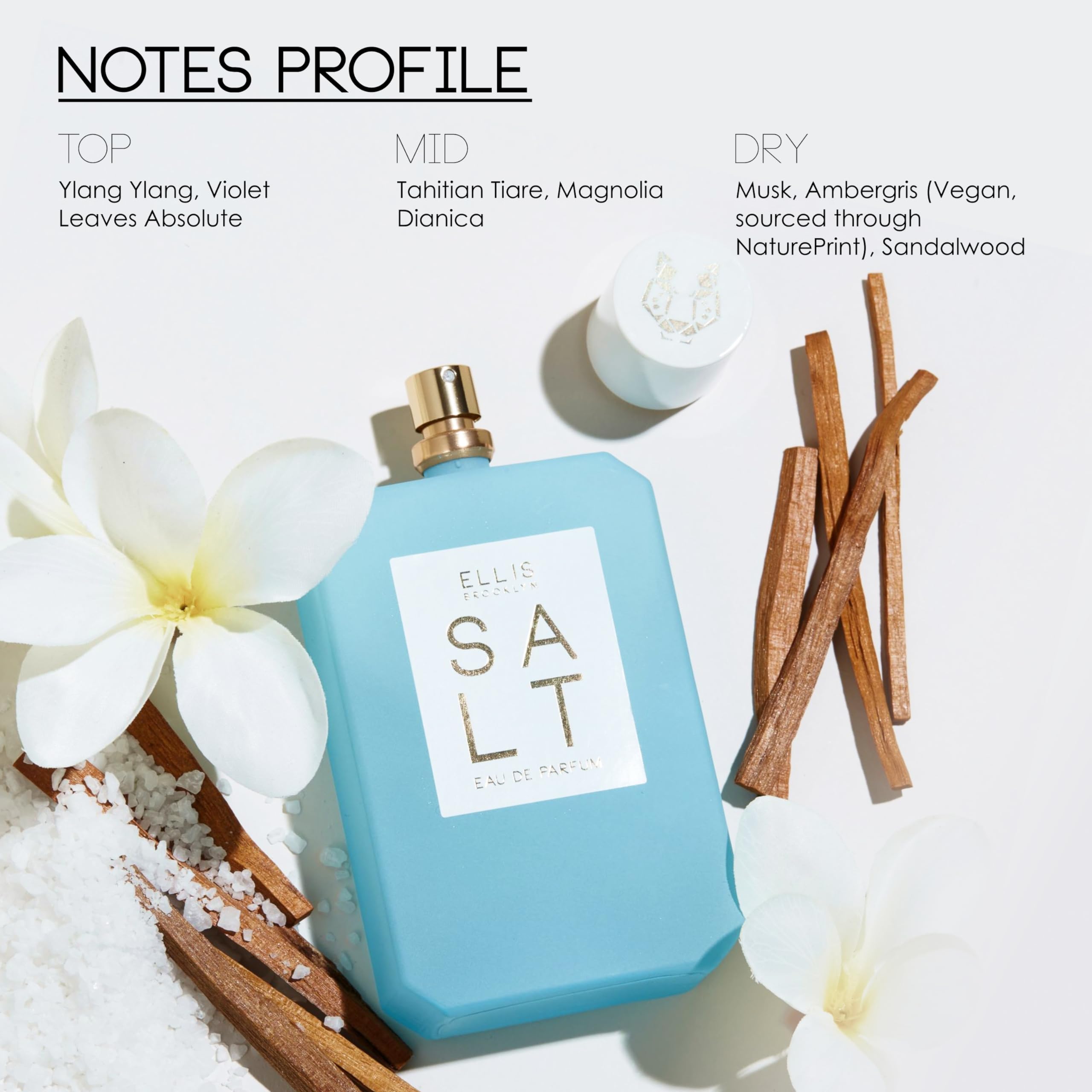 Fragrance close-up of Ellis Brooklyn SALT Body Oil showing sandalwood and musk dry notes.