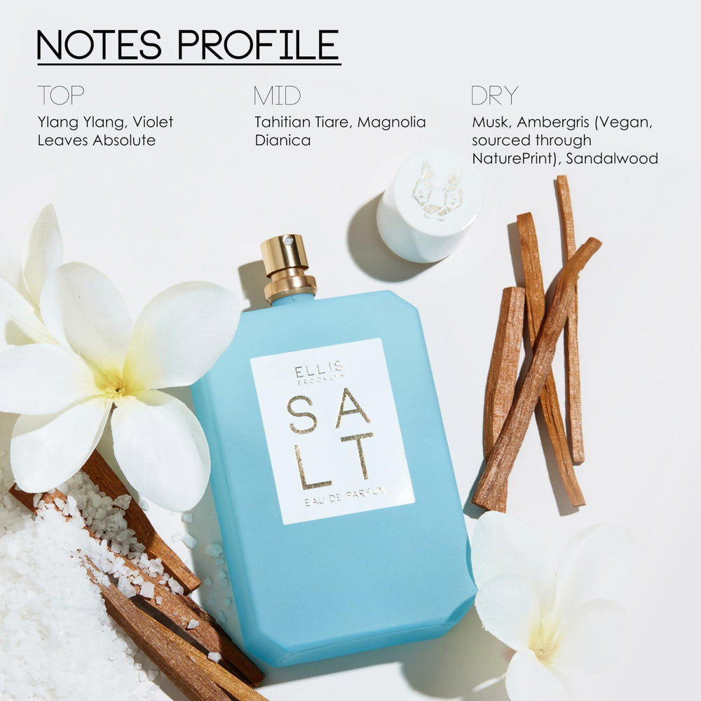 Fragrance close-up of Ellis Brooklyn SALT Body Oil showing sandalwood and musk dry notes.