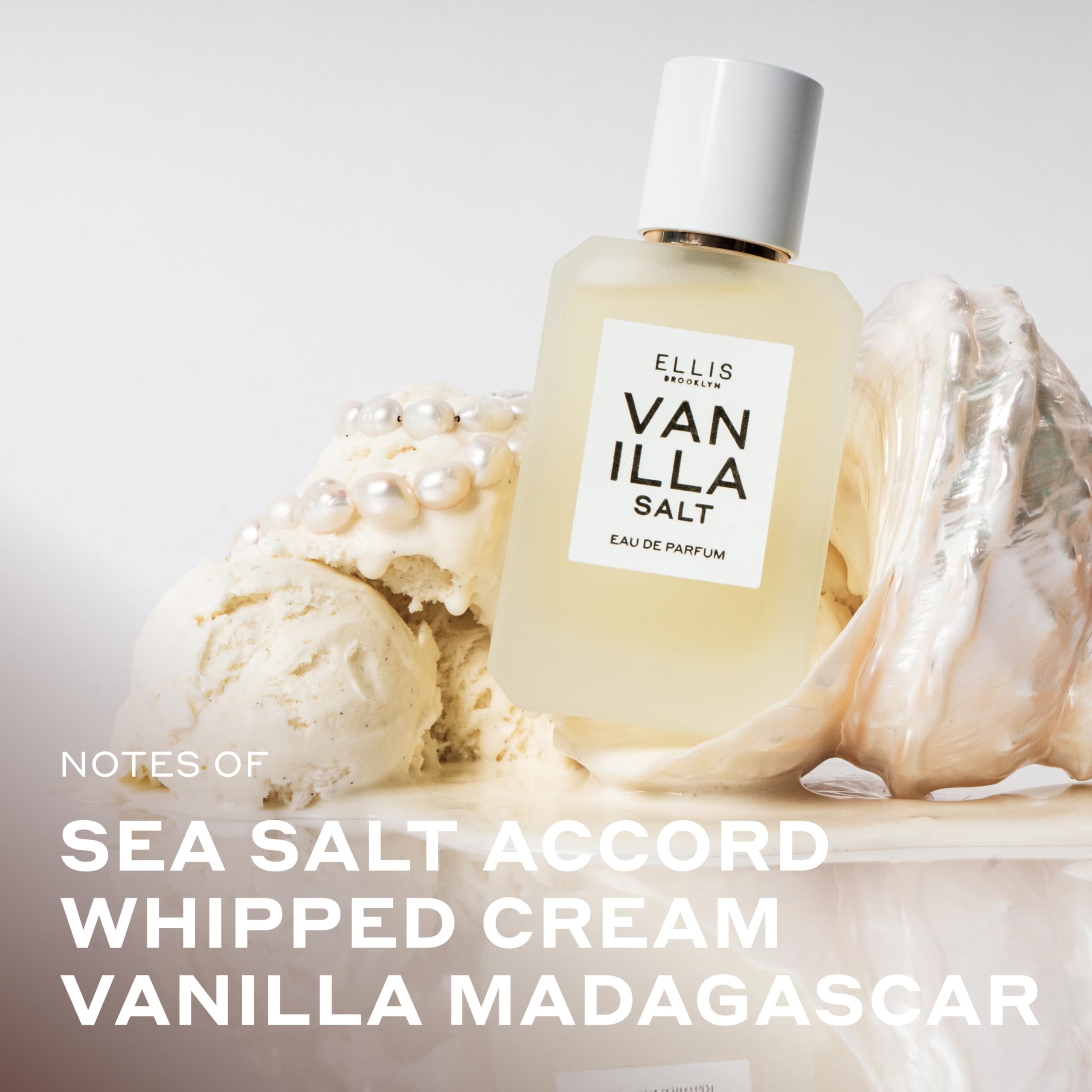 Ellis Brooklyn Vanilla Salt close-up label with notes hint; premium vegan perfume.
