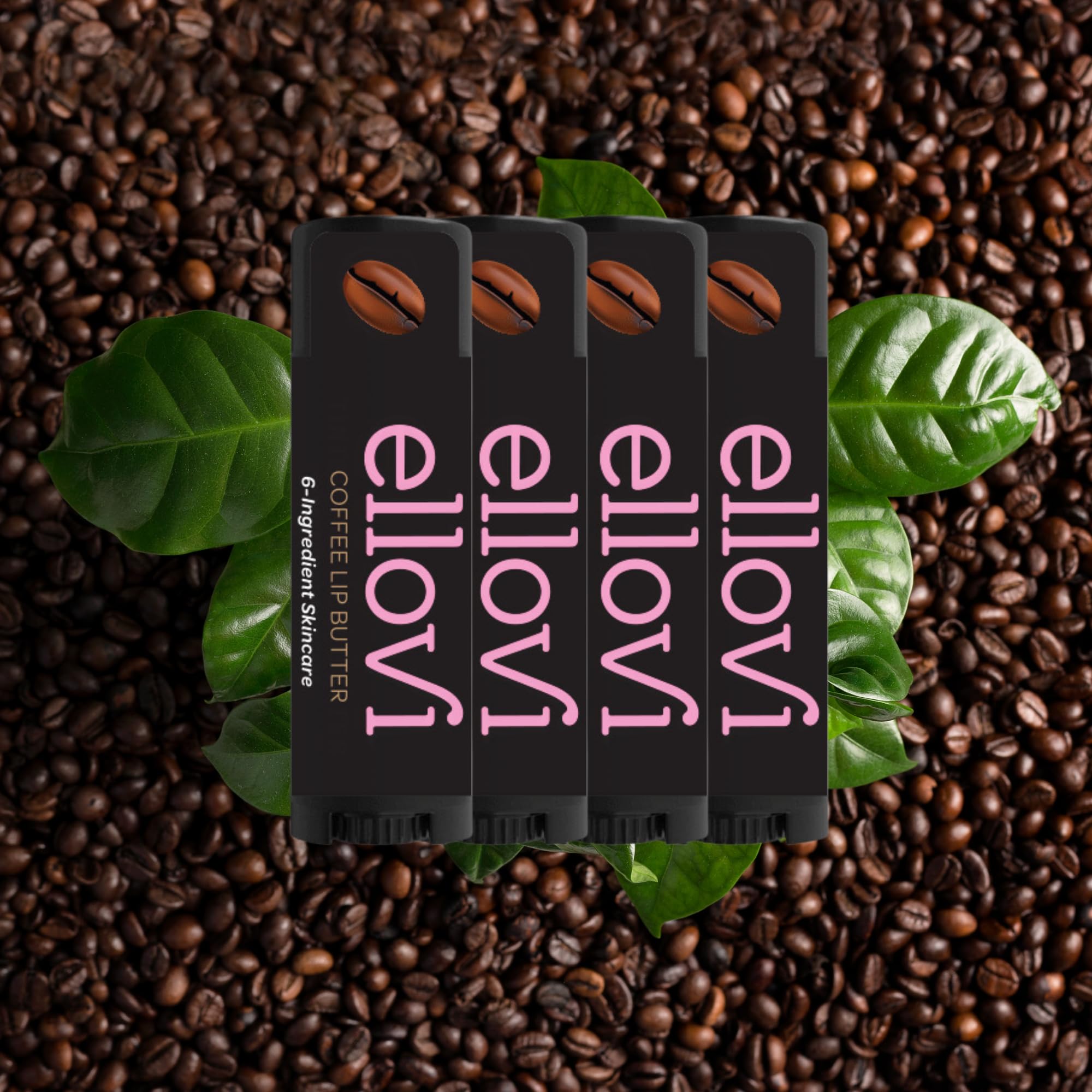 Ellovi Coffee Lip Butter 4-pack label close-up highlighting ingredients.