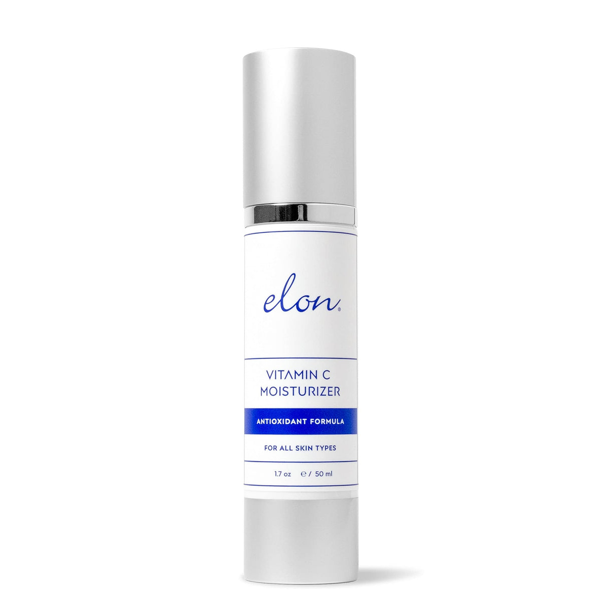 Elon Antioxidant C Moisturizer bottle pump showing fragrance-free hydration benefits