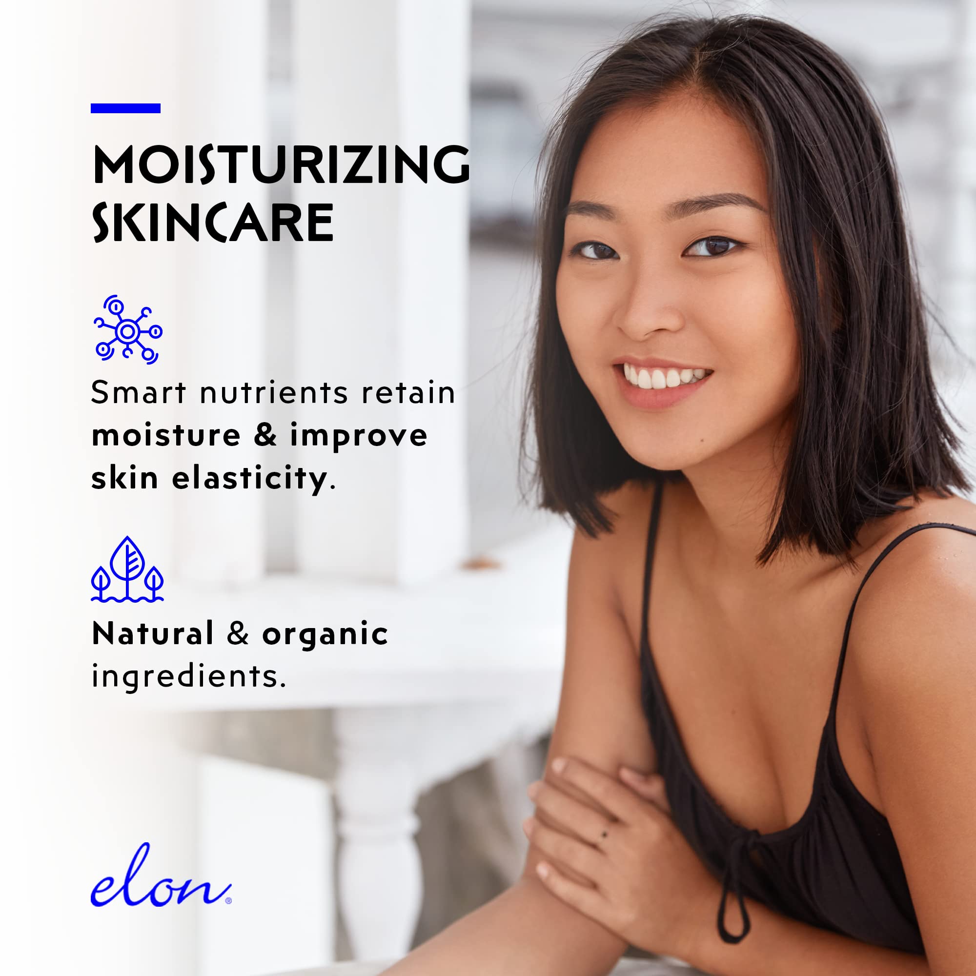 Elon Hyaluronic Serum bottle highlights vitamins C and E for antioxidant protection