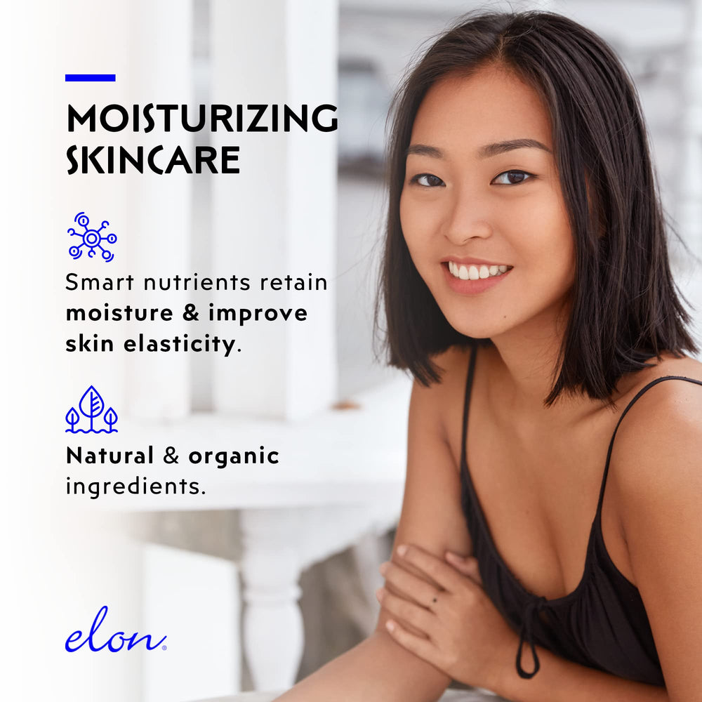 Elon Hyaluronic Serum bottle highlights vitamins C and E for antioxidant protection
