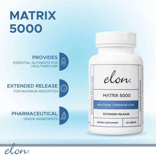 Elon Matrix 5000 bottle back label detailing ingredients and usage for hair health