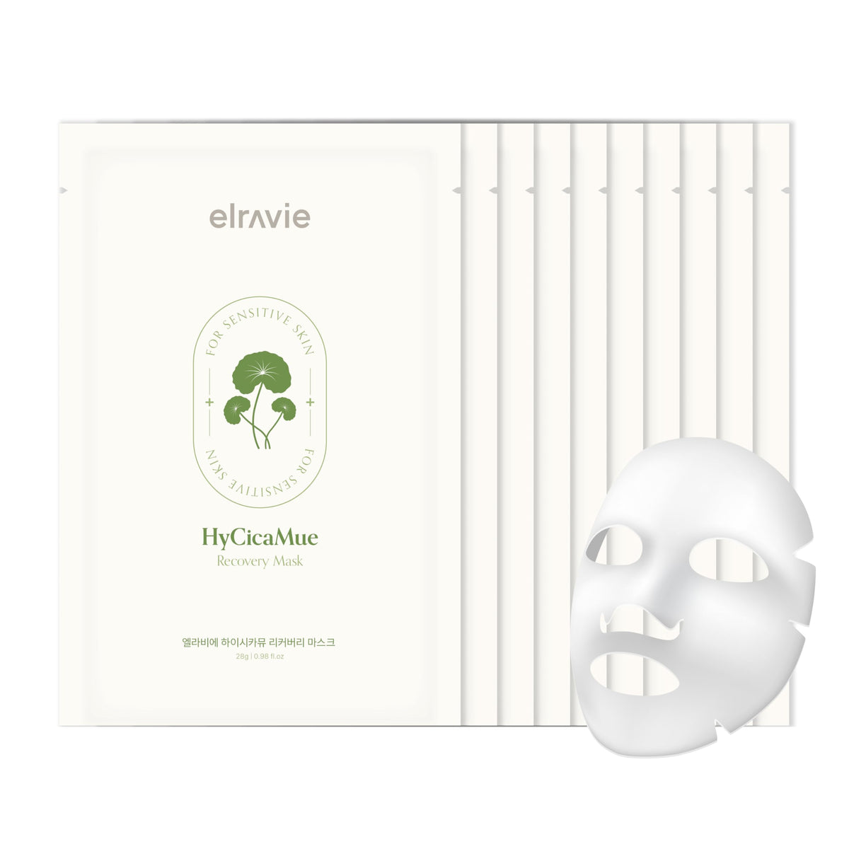 Elravie HyCicaMue Recovery Mask pack closeup for soothing, refreshed skin after dryness.