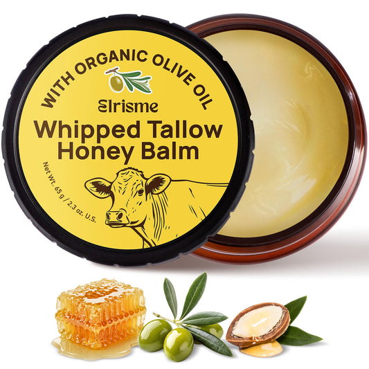 Elrisme grass-fed beef tallow whipped honey balm jar for hydrated, soft skin.