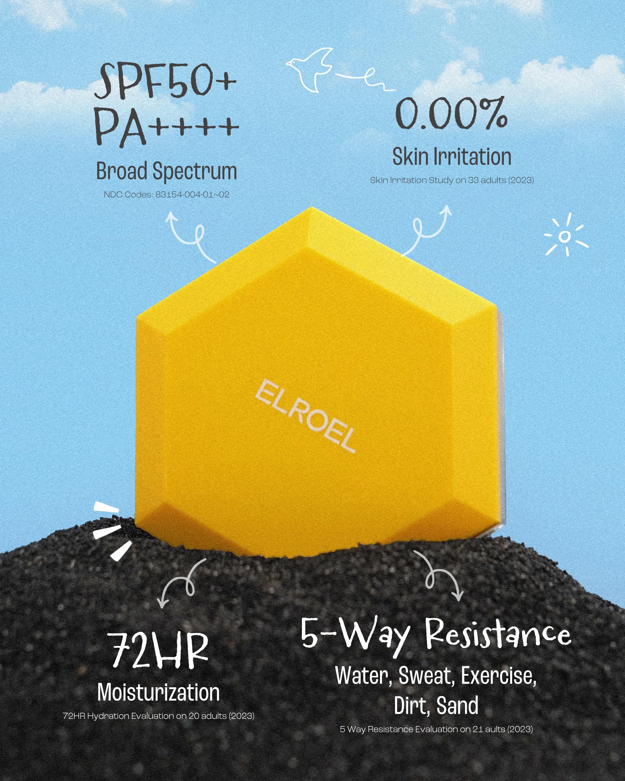 ELROEL Pang Pang Sun Cushion SPF50+ PA++++ formula protects skin outdoors.