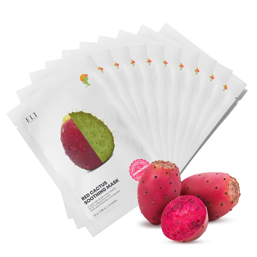ELT Red Cactus Mask packaging highlights premium Korean skincare for brightening and hydration.