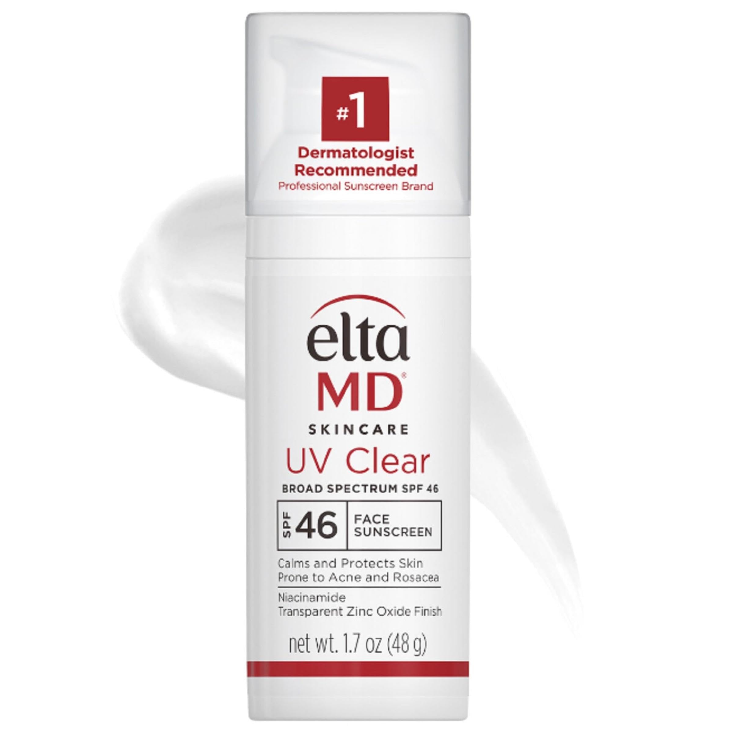EltaMD UV Clear sunscreen bottle showing clear, non-greasy protection for sensitive skin