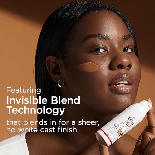 EltaMD UV Clear sheer finish on face with no white cast on darker skin tones.