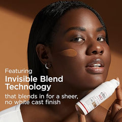 EltaMD UV Clear sheer finish on face with no white cast on darker skin tones.