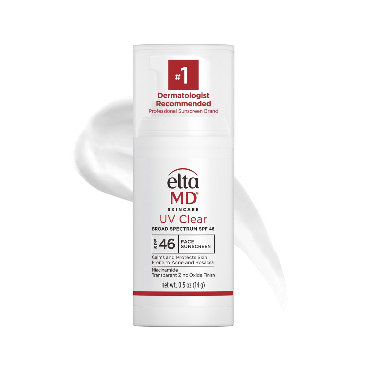 EltaMD UV Clear bottle front view, lightweight sunscreen for sensitive, acne-prone skin