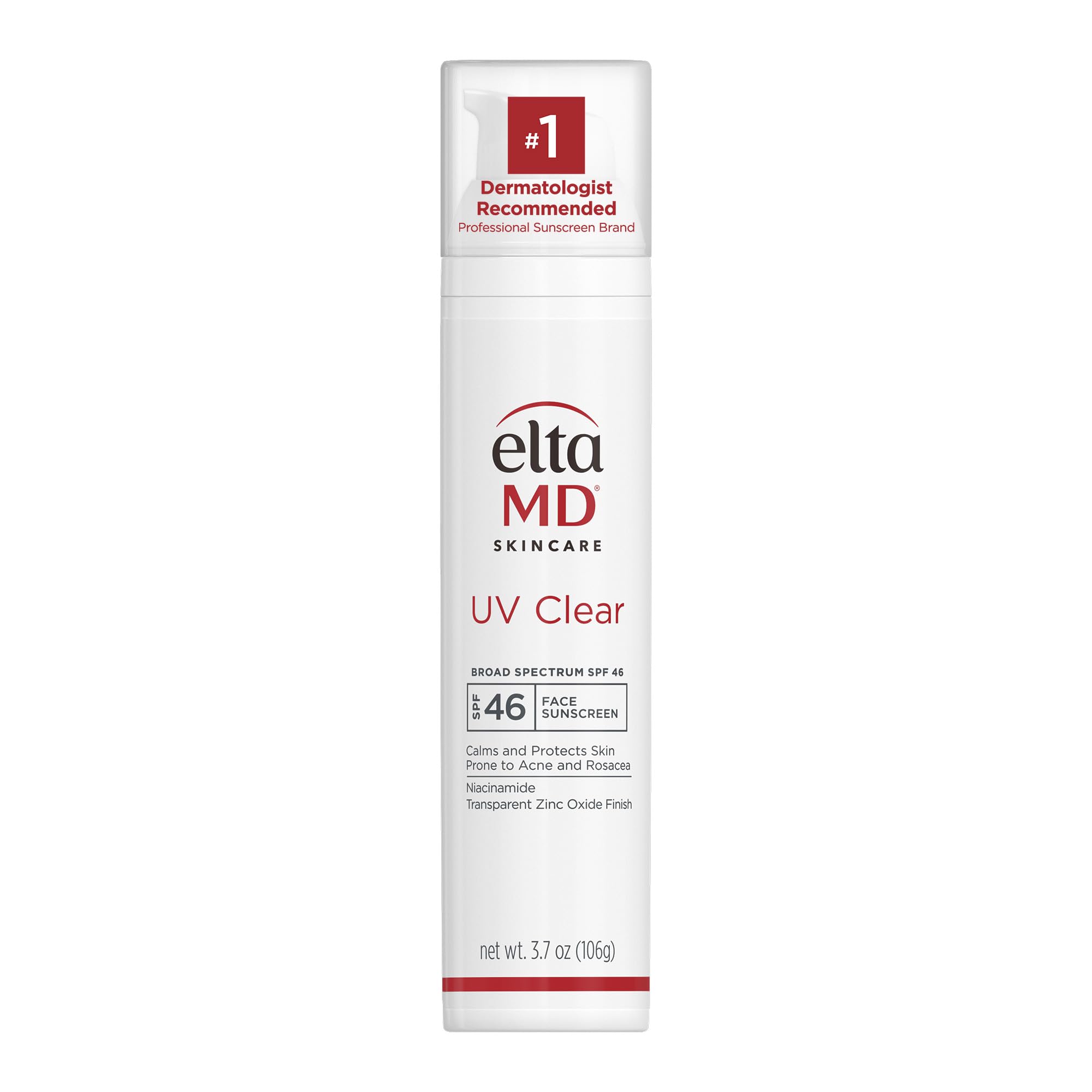 EltaMD UV Clear sunscreen bottle on counter offering oil-free protection for sensitive skin.