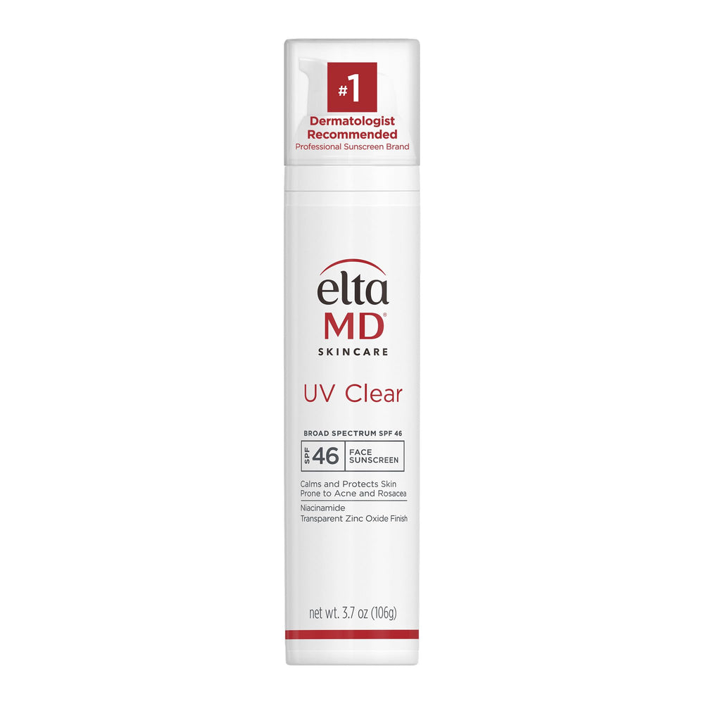 EltaMD UV Clear sunscreen bottle on counter offering oil-free protection for sensitive skin.