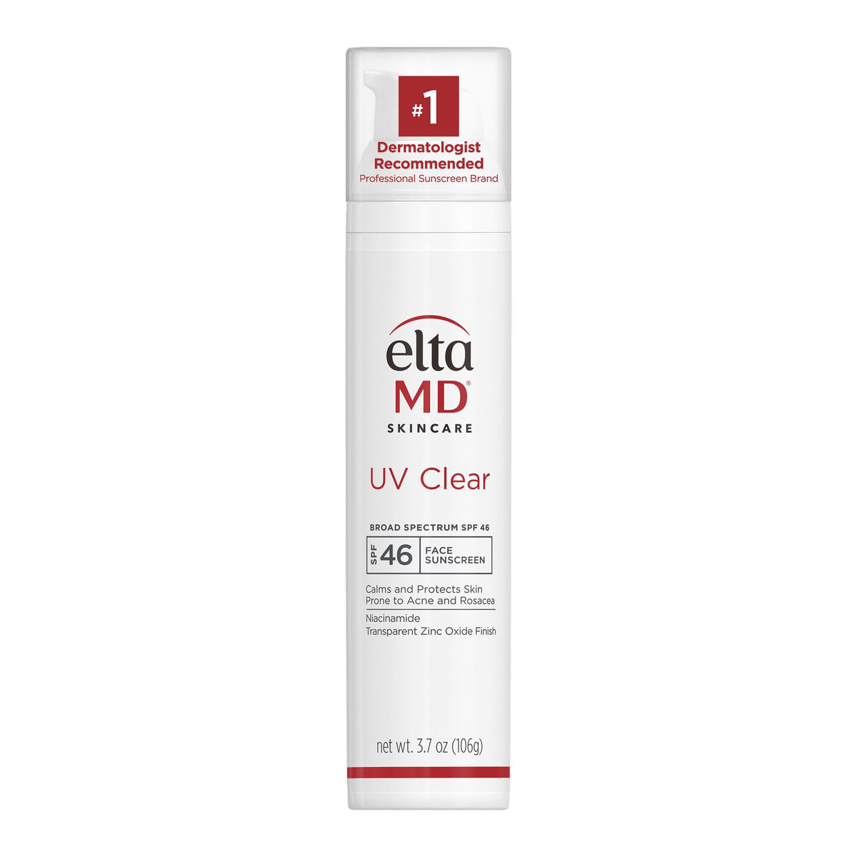 EltaMD UV Clear sunscreen bottle on counter offering oil-free protection for sensitive skin.
