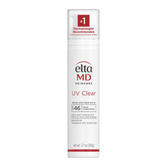 EltaMD UV Clear sunscreen bottle on counter offering oil-free protection for sensitive skin.